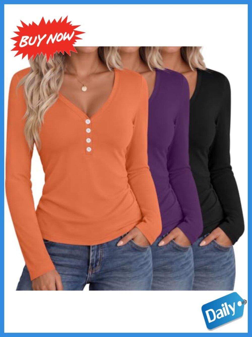 Women's Long Sleeve V Neck Henley Tops Slim Fit 3 Pack